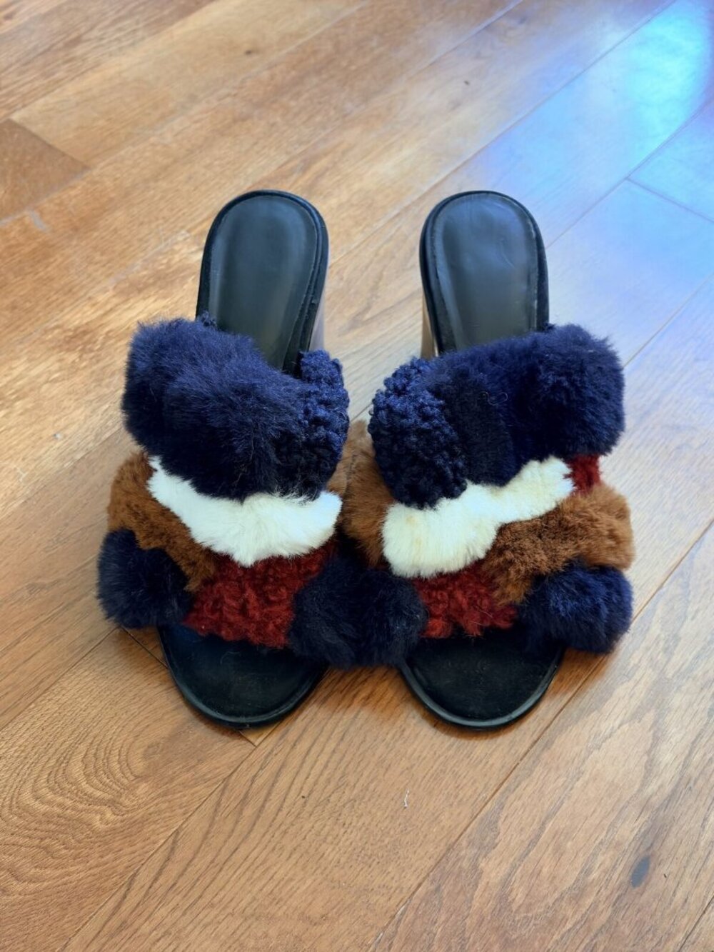 Mango Multicolor Fur Block Heel Mules Women's 7.5 / EU 38